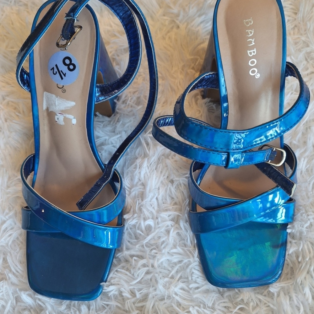 BAMBOO Women's Shiny Blue Strappy Heels